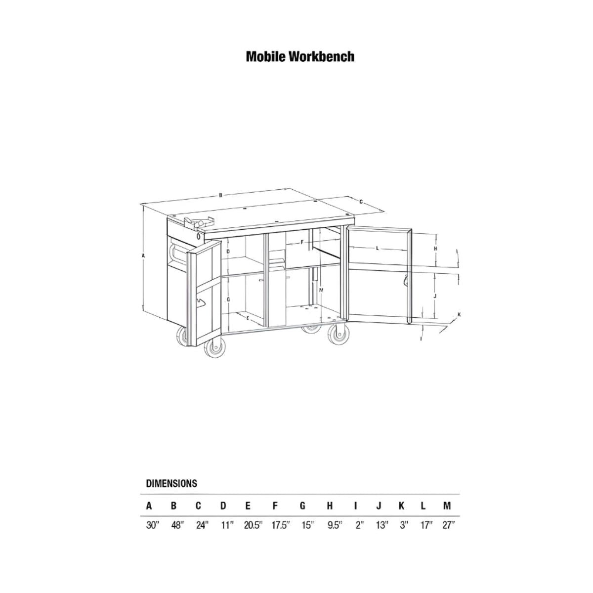 Banco de Mesa de Trabajo Móvil 48"x24"x30" con Gavetas, Greenlee - Tienda Henca
