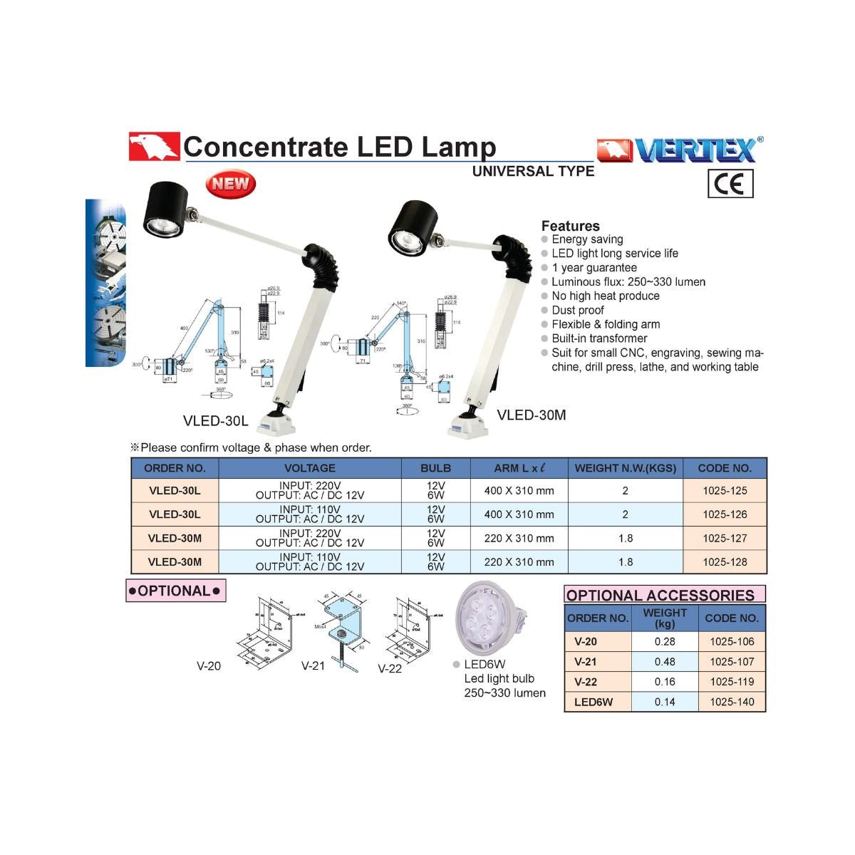 Lámpara LED 6W Flexible y Base Fija Aprueba de Polvo, Vertex - Tienda Henca