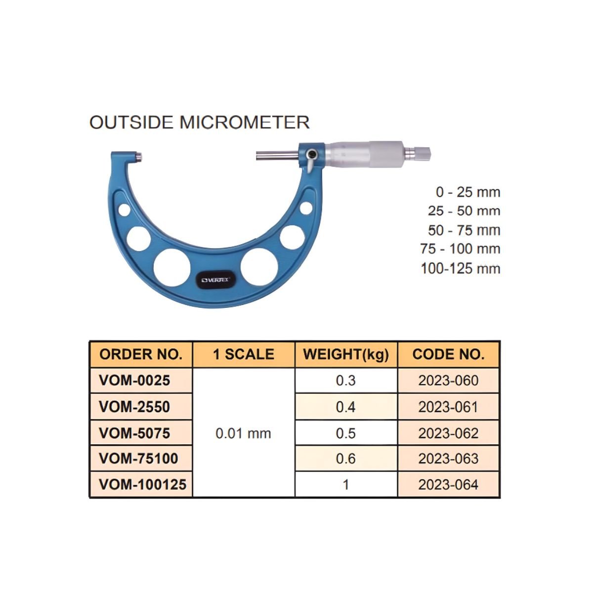 Micrómetro de Exterior 100 - 125MM 0.01MM, Vertex - Tienda Henca