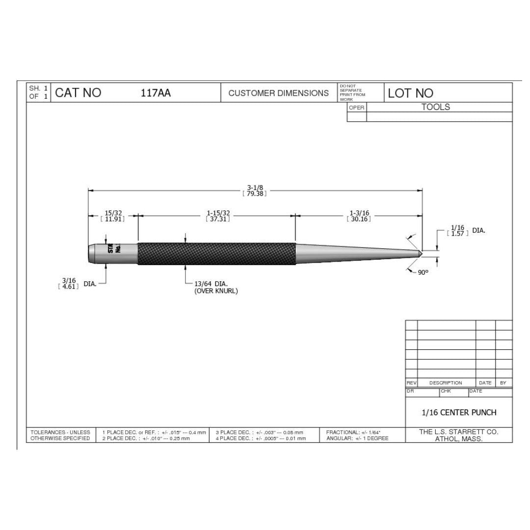 Punzón Central 1/16X3", Starrett - Tienda Henca