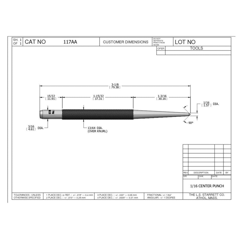 Punzón Central 1/16X3", Starrett - Tienda Henca