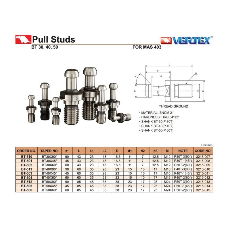 Tirante para Cono Sujeción BT40 45 Grados, Vertex - Tienda Henca