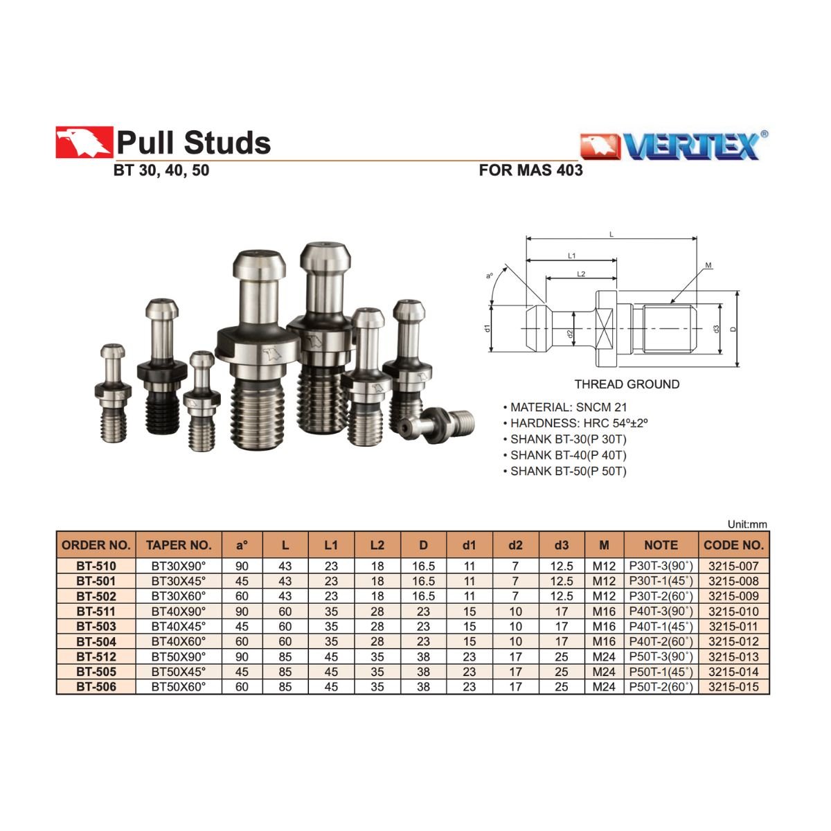 Tirante para Cono Sujeción BT40 90 Grados, Vertex - Tienda Henca